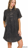 WASHED LINEN RAW EDGE BUTTON DOWN V-NECK DRESS