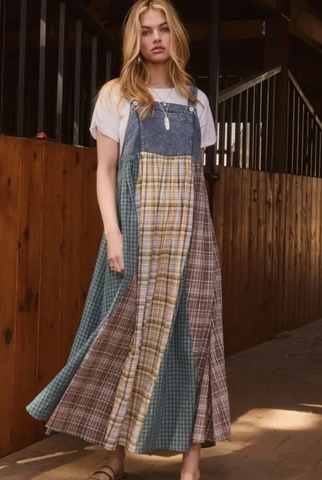 COLOR MIXED PLAID OVERALL MAXI DRESS